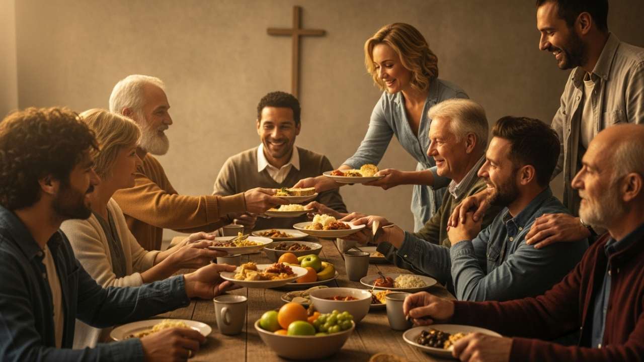 Generosity in the Bible shown by a diverse group of believers sharing food and resources