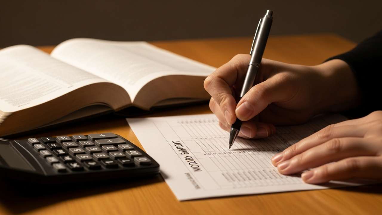 Christian stewardship symbolized by a believer planning a budget with an open Bible