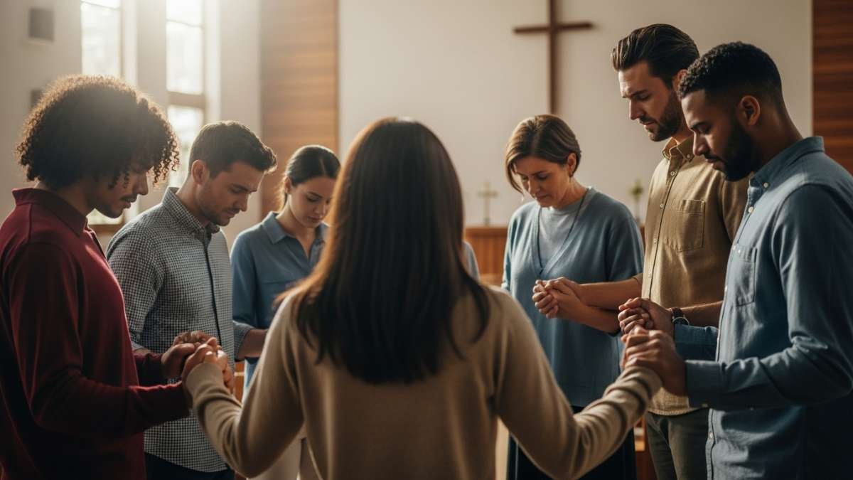 Diverse Christians praying together in modern church community