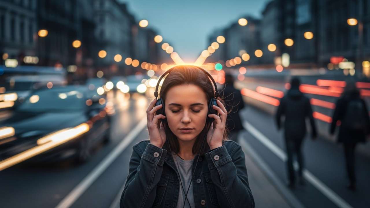 Woman with headphones removed, listening for God’s voice amid the city noise