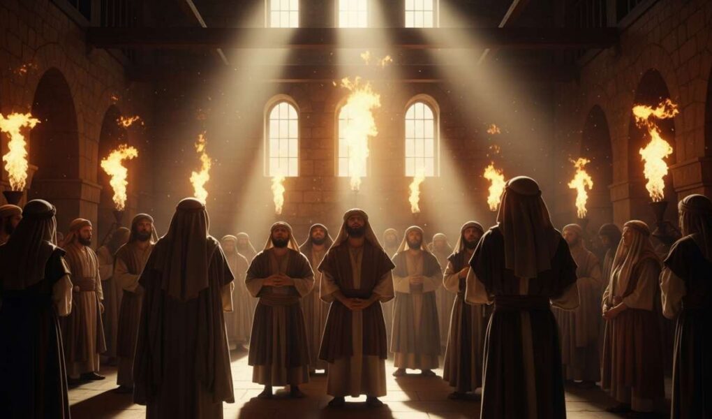 Disciples gathered in upper room during Pentecost with tongues of fire