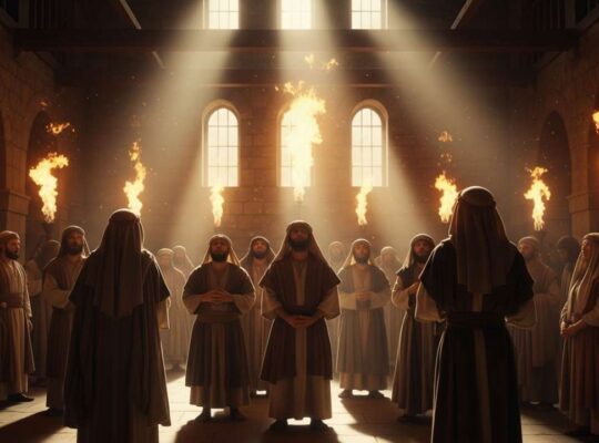 Disciples gathered in upper room during Pentecost with tongues of fire