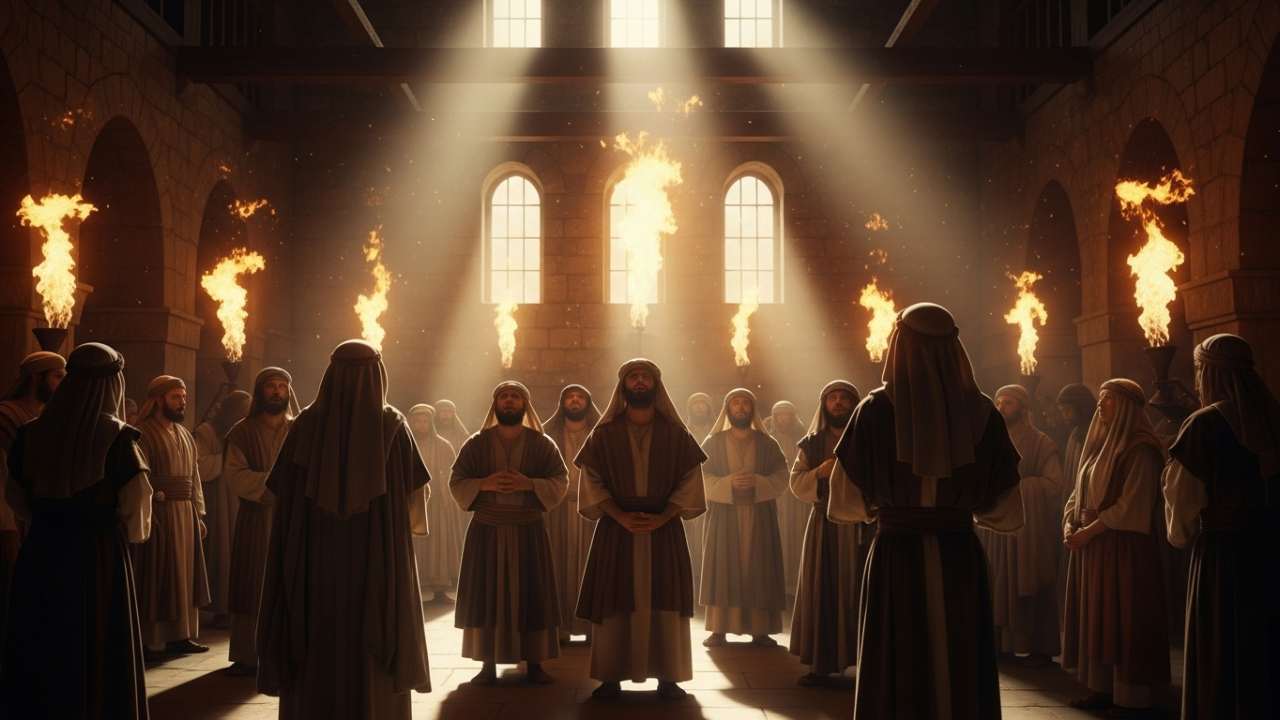 Disciples gathered in upper room during Pentecost with tongues of fire