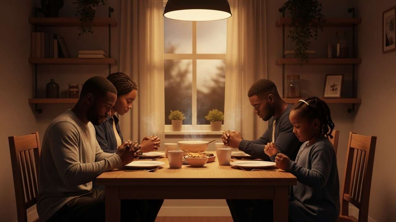 family practicing daily Christian faith by praying together at home