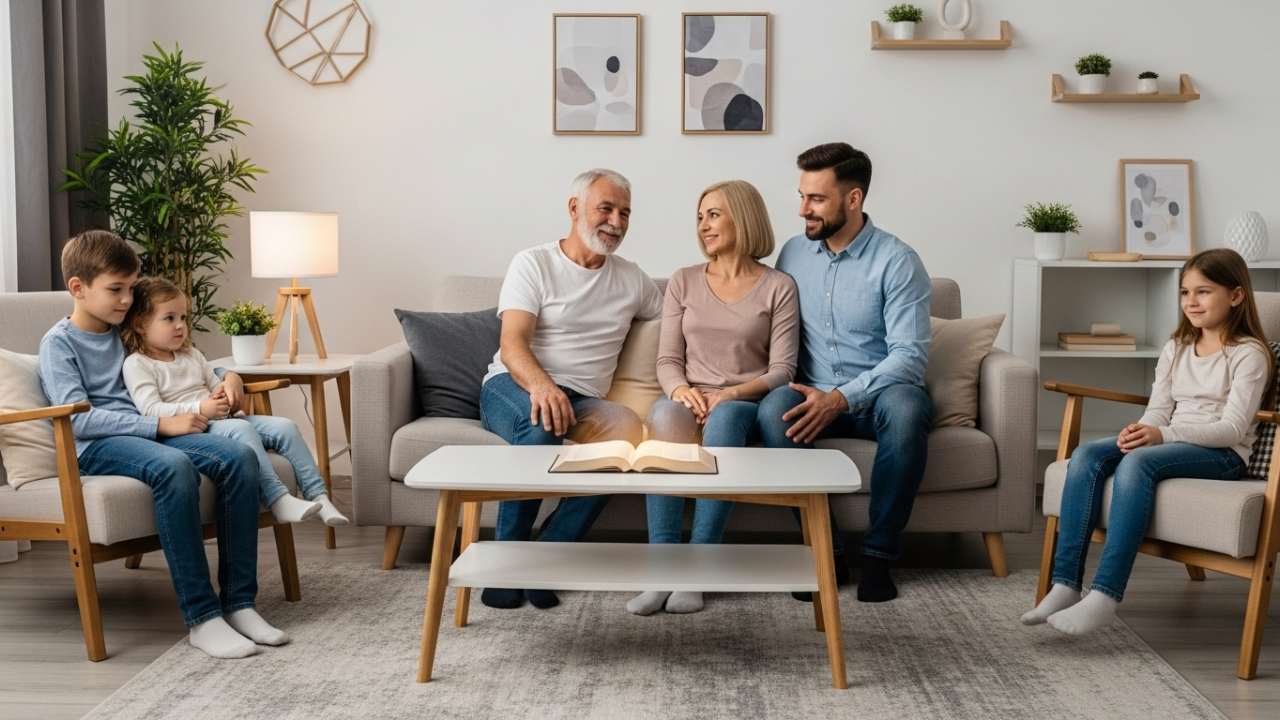 Family reading the Bible together in a living room while discussing faith