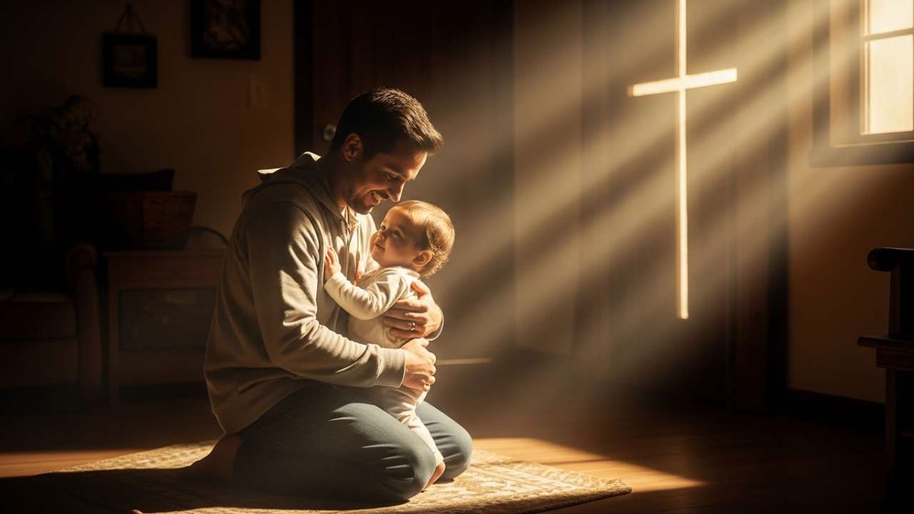 Father embracing child symbolizing new life in Christ and spiritual adoption