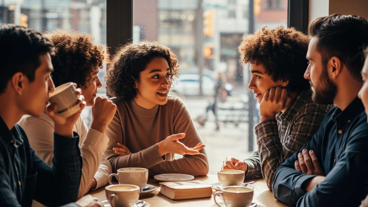Friends at a café sharing Christian testimony and faith stories