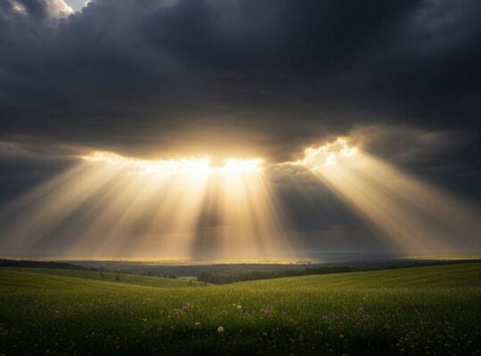 God's grace illustrated as divine light breaking through dark clouds