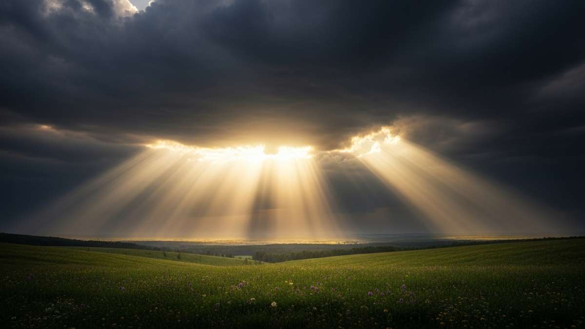 God's grace illustrated as divine light breaking through dark clouds