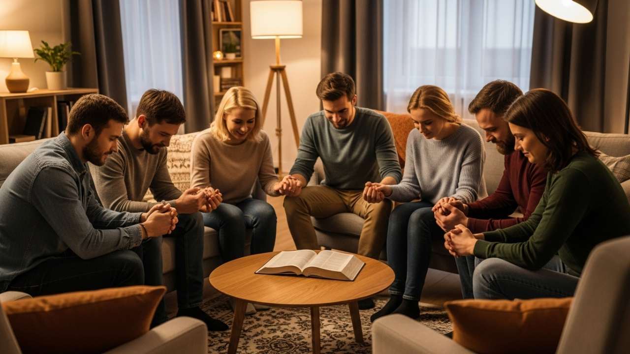 Friends praying together in a living room expressing new life in Christ