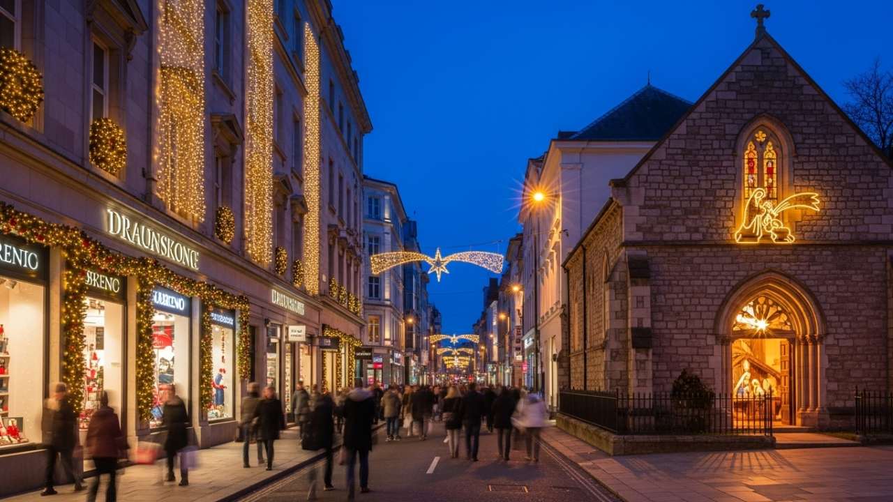 city showing Christmas traditions contrasted with the real meaning of Christmas