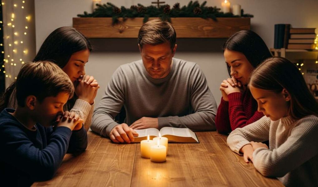 family discovering the real meaning of Christmas while praying together