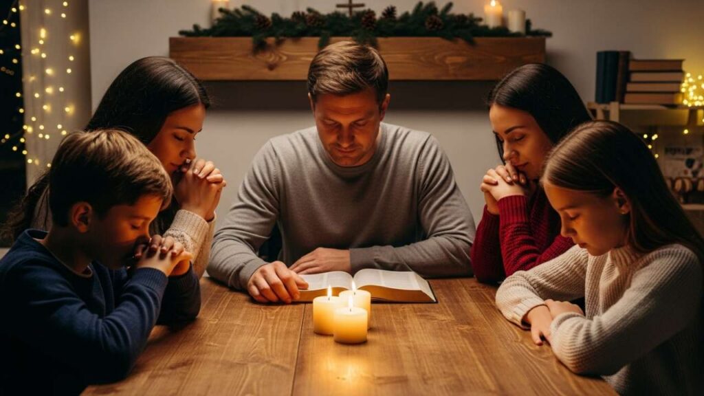 family discovering the real meaning of Christmas while praying together