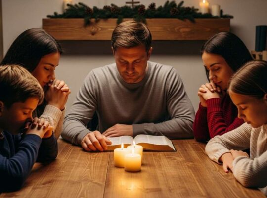 family discovering the real meaning of Christmas while praying together