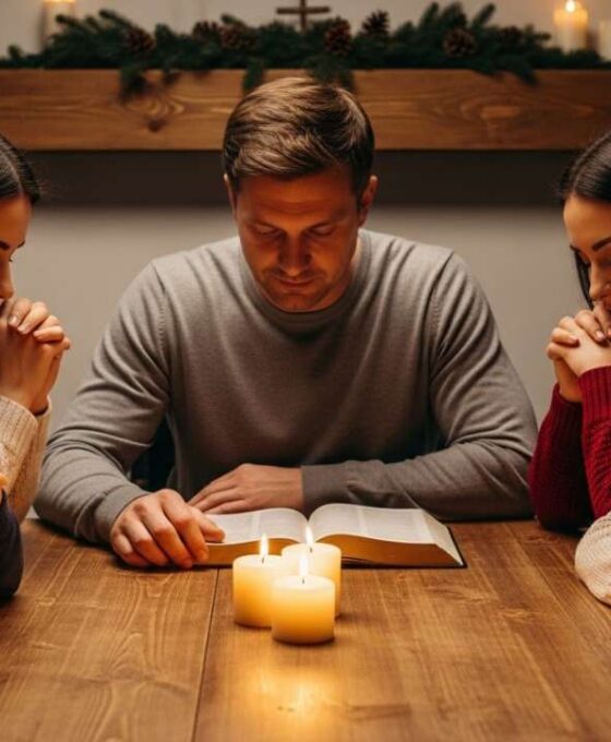 family discovering the real meaning of Christmas while praying together