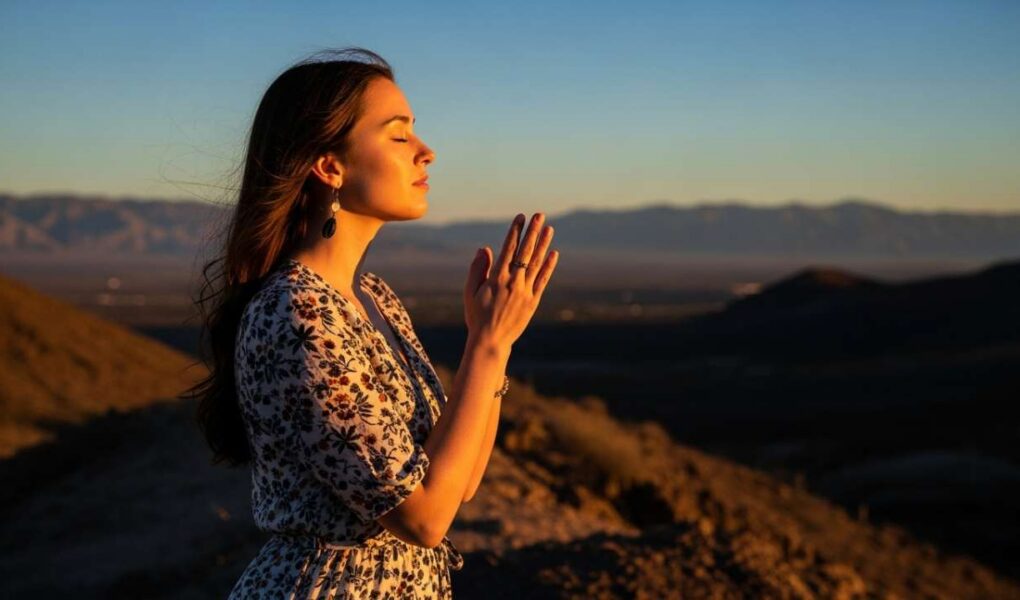 woman reflecting on small acts of faithfulness at sunset