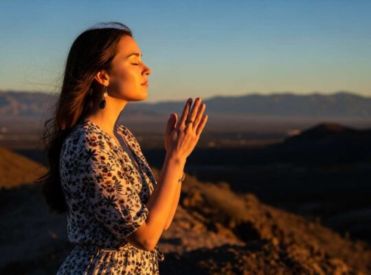 woman reflecting on small acts of faithfulness at sunset