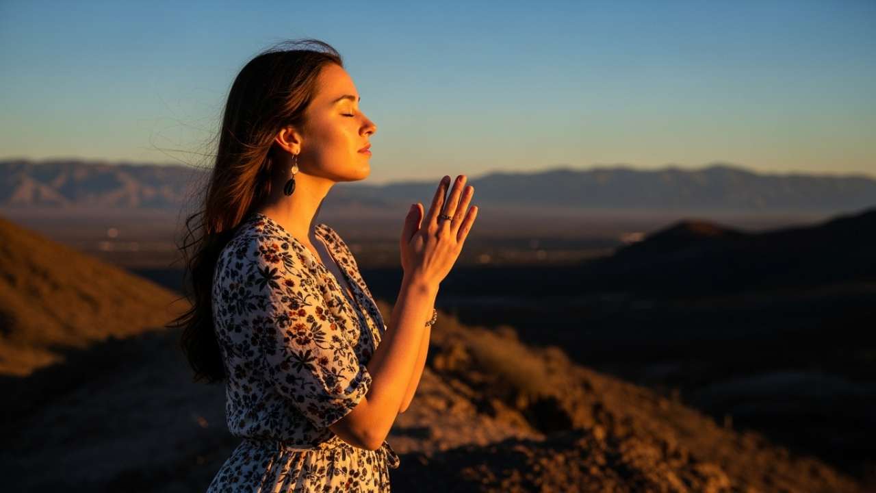 woman reflecting on small acts of faithfulness at sunset