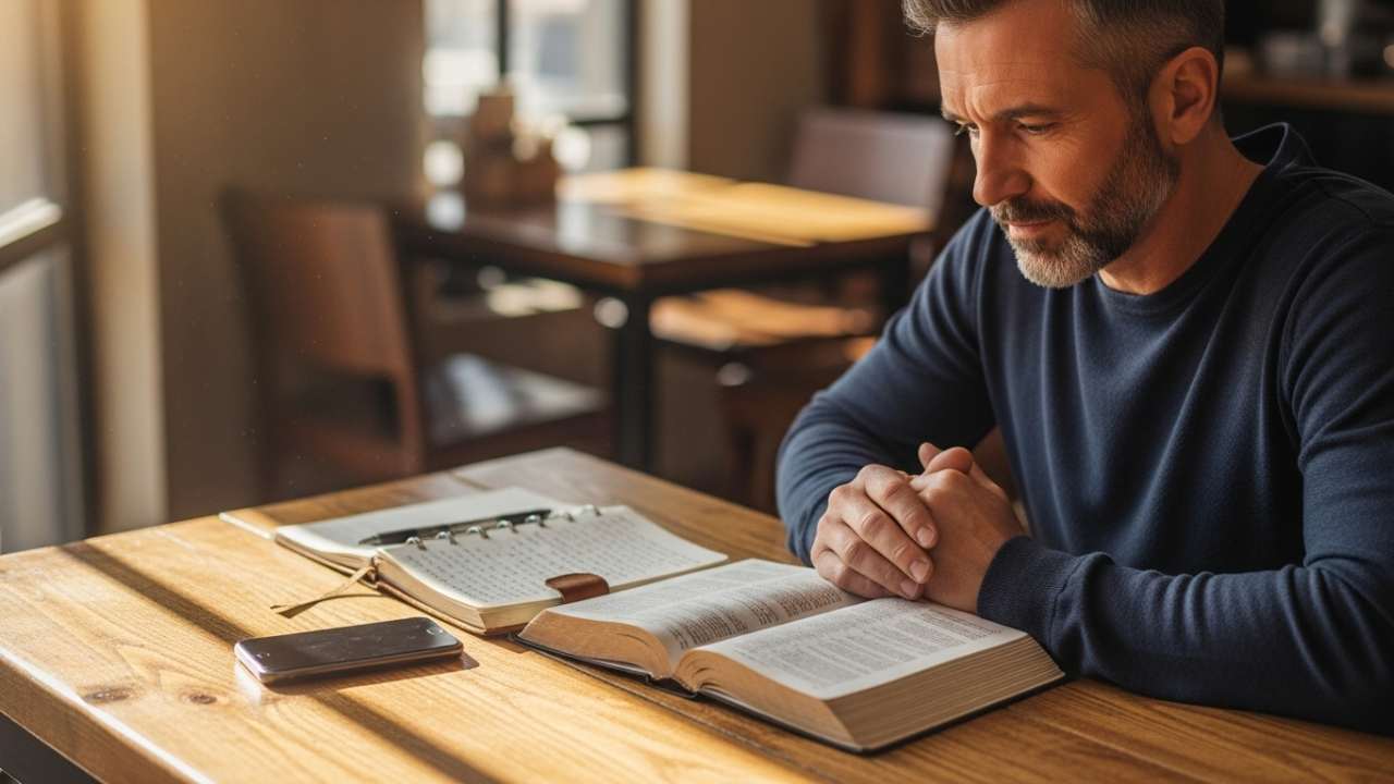 Christian man reflecting with an open Bible while making daily decisions
