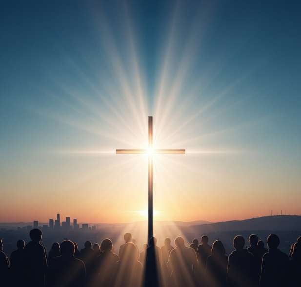 Glowing cross shining light over silhouettes of people looking upward