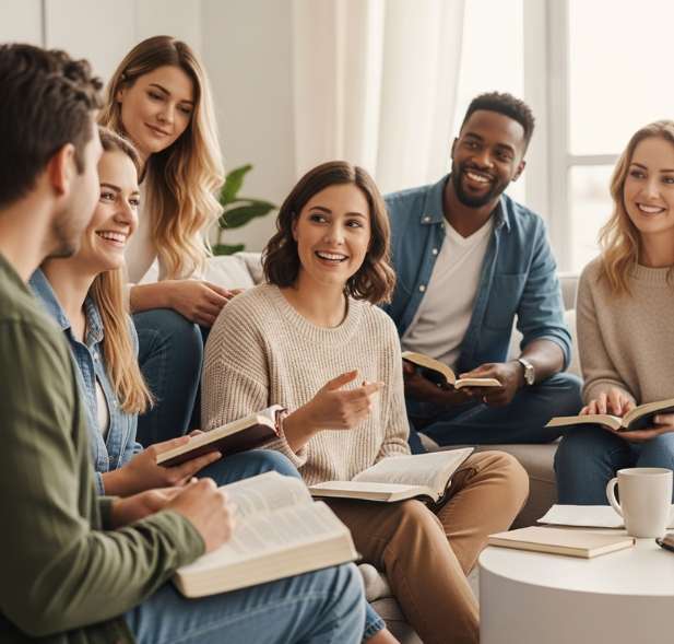 Group of Christians studying the Bible together in a cozy living room