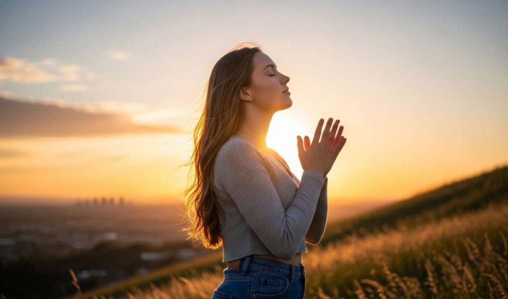 Young woman praying and wondering what changes when I give my life to Jesus