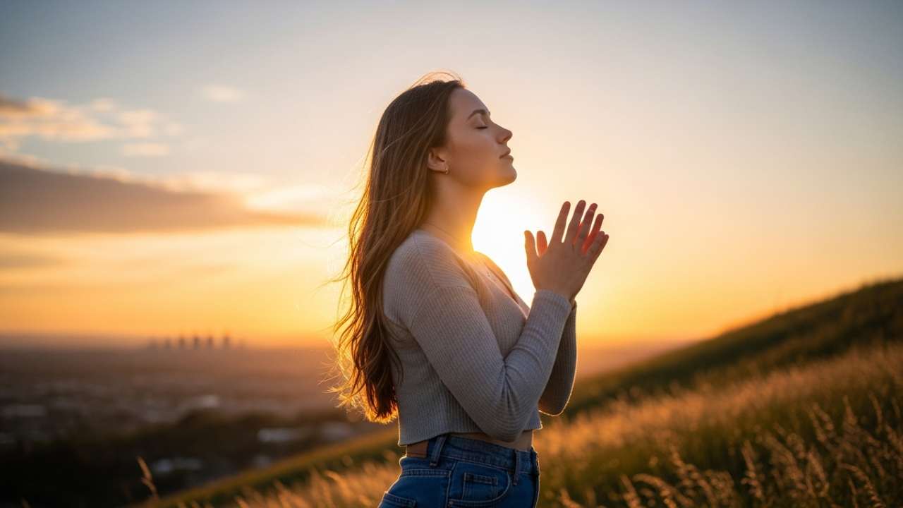 Young woman praying and wondering what changes when I give my life to Jesus